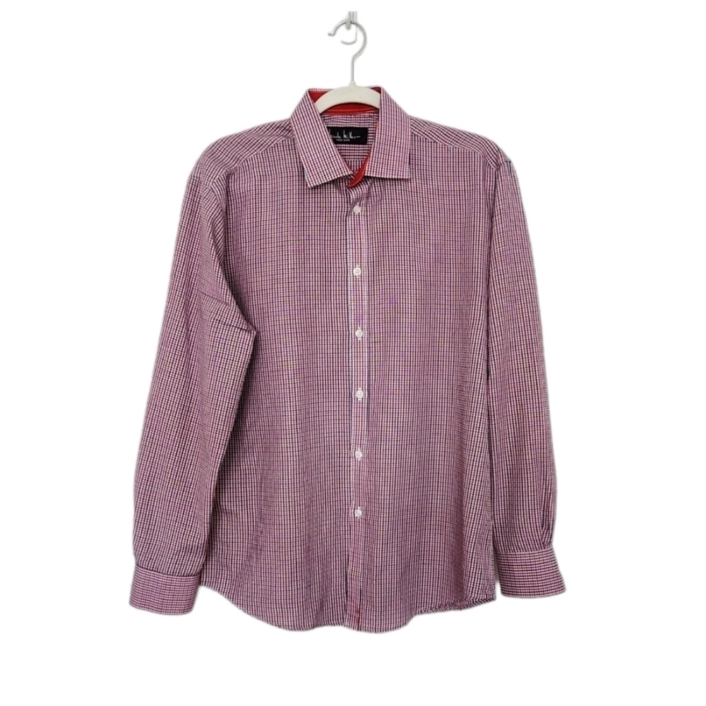 Nicole Miller Mens Slim Fit Dress Shirt Red Blue Multicolor Plaid Medium.